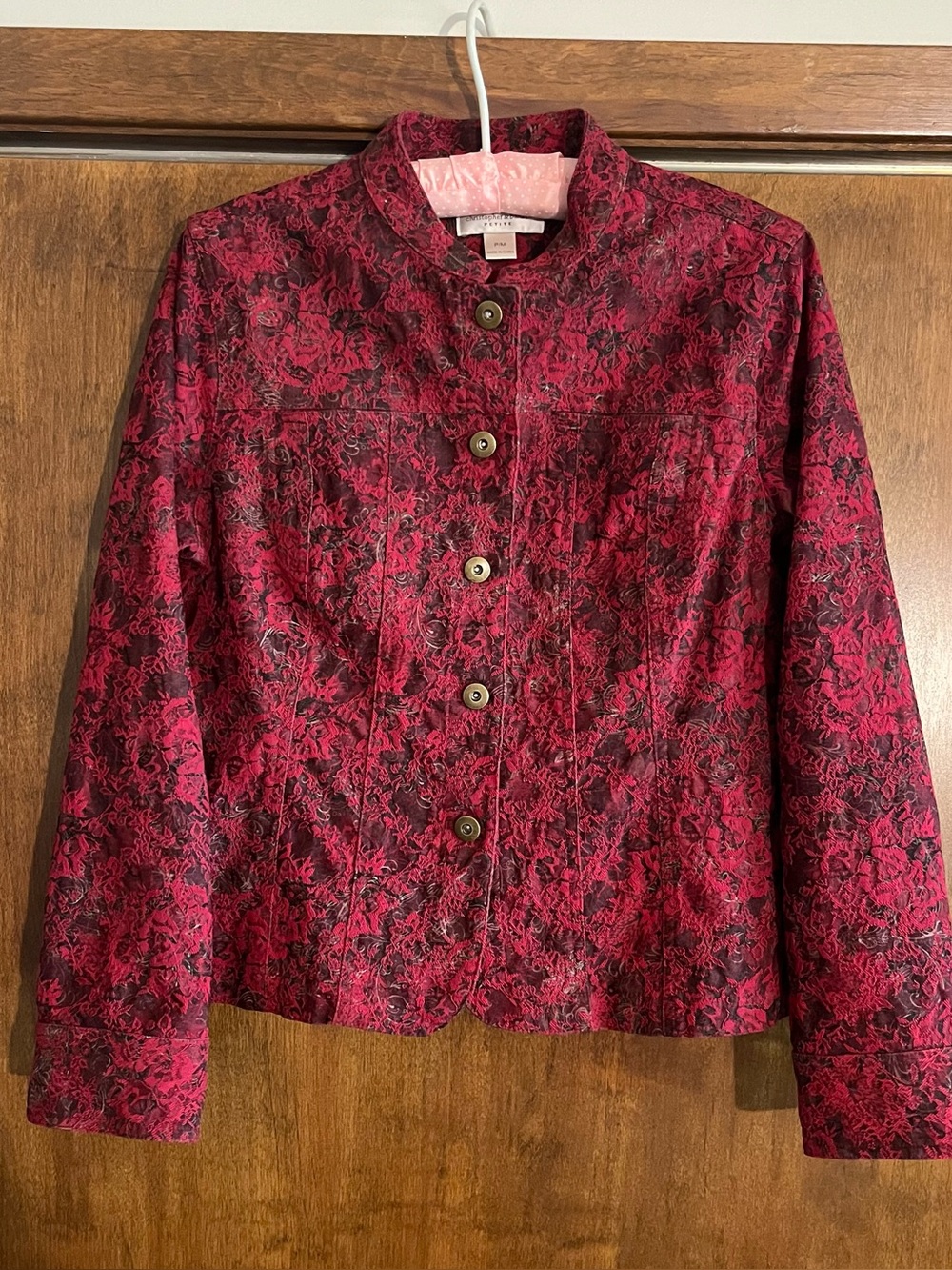 Women's Petite Christopher Banks Red/Burgundy Patterned Button-Front Jacket